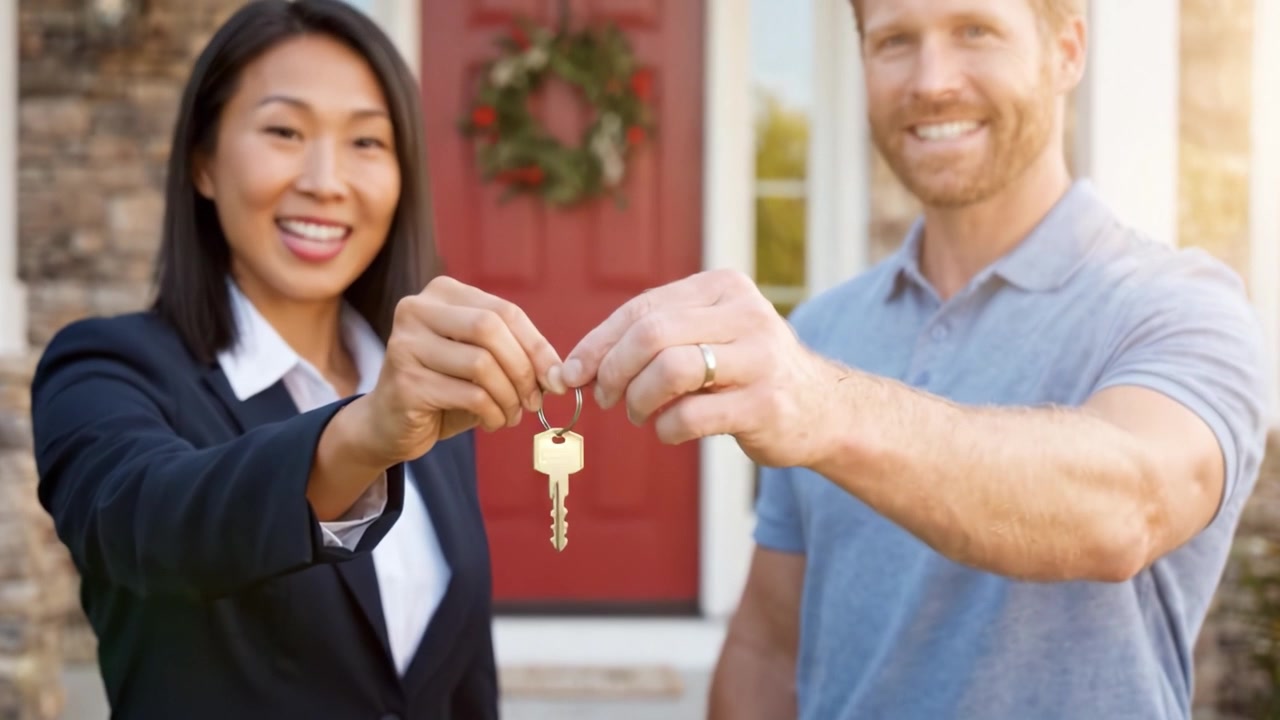 Festeggiare una Nuova Casa: Un Agente Immobiliare Professionista Consegna le Chiavi a un Acquirente Entusiasta con una Calorosa Stretta di Mano Davanti a un Bellissimo Portico.