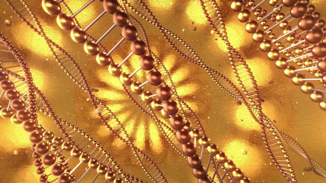 dna 분자의 소용돌이와 함께 황금 기하학적 배경 3d 렌더링 루프 4k