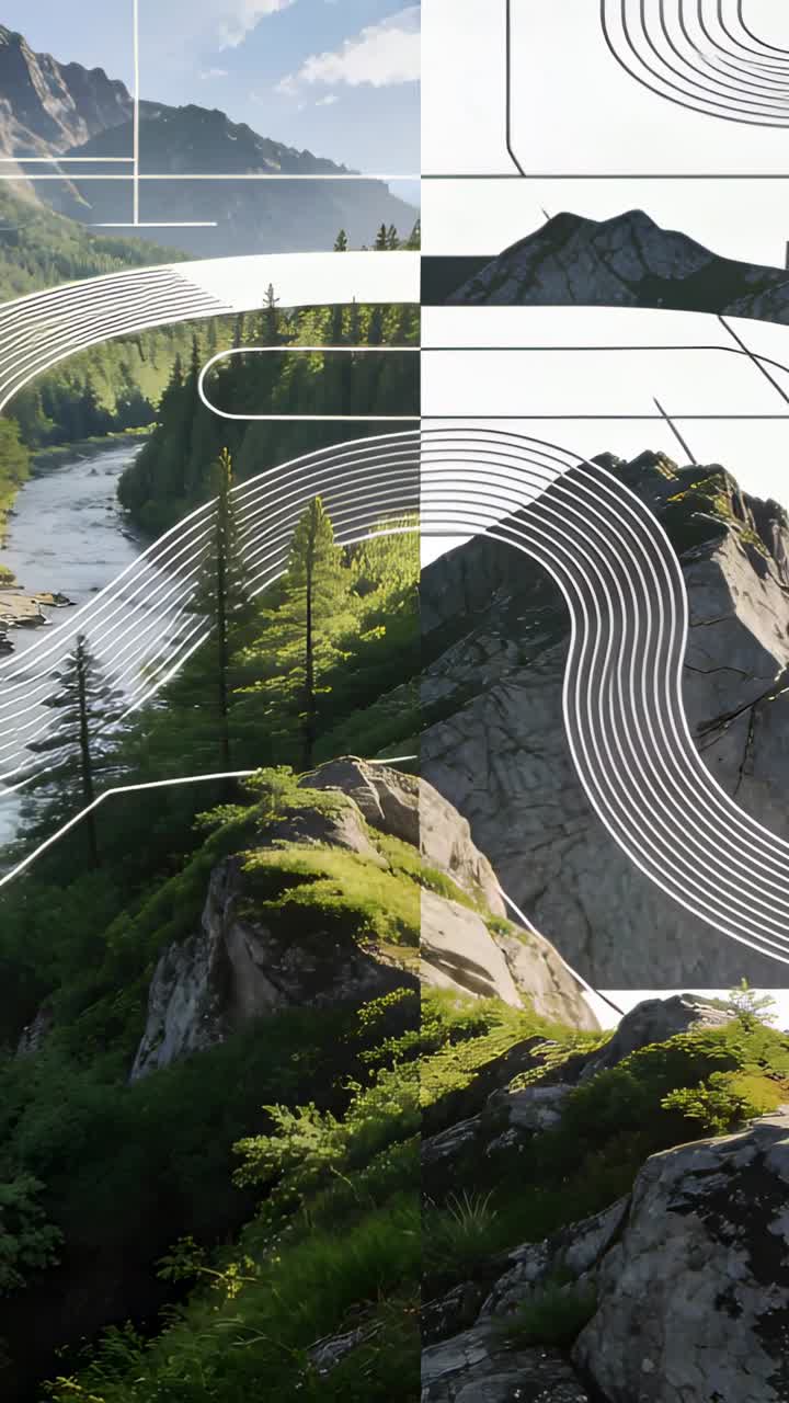 Vertical video: Starting animation, lines sweeping across rock in alpine valley bridging split