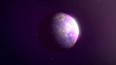 photo real 3d animation of mercury in retrograde. planet mercury spins slowly as the camera tracks forward to reveal its shiny surface and hazy pink atmosphere. clip contains stars, space, mercury.