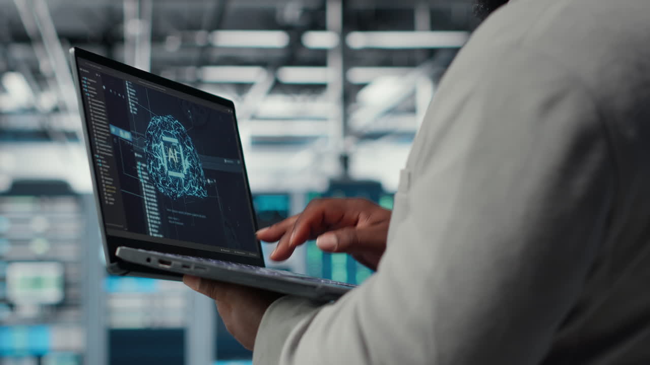 Vertical video Close up of server hub admin using tablet to do infrastructure AI automatization