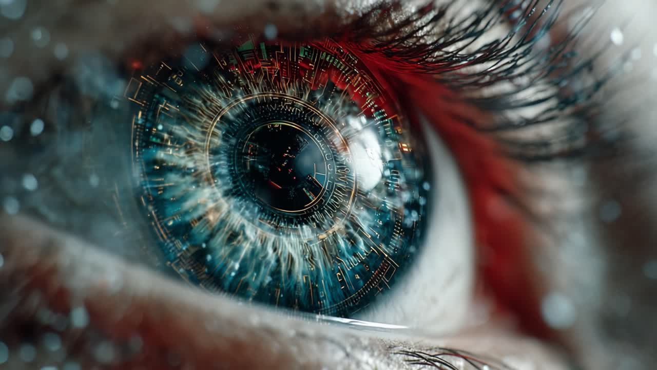 Un'esplorazione ravvicinata di un occhio umano futuristico, ispirato alla tecnologia, con dettagli intricati e grafica vivace, che transita verso una palpebra più tenue e serena, creando una sorprendente narrazione visiva.
