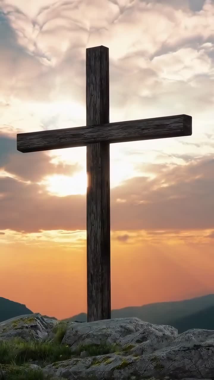 Video ripreso dal basso di una croce di legno contro un cielo al tramonto drammatico, che simboleggia la speranza.