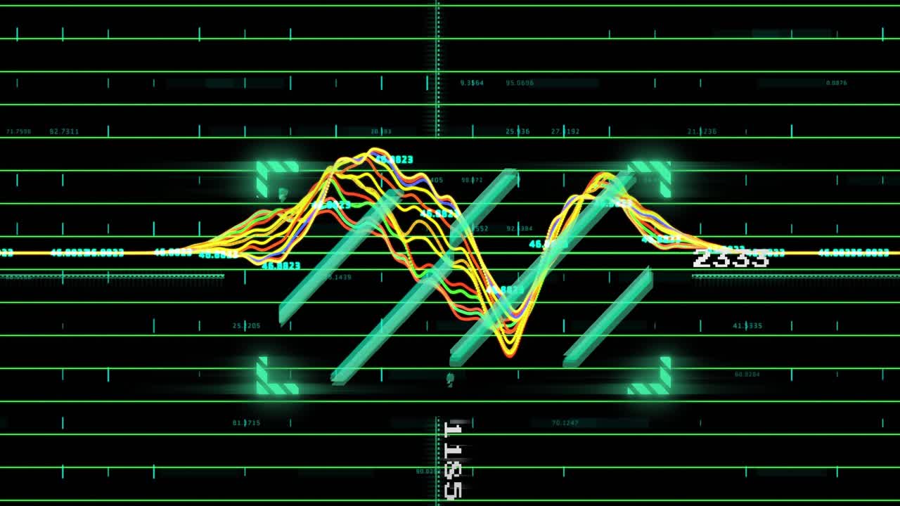 On data arrival waveform lines pulsing up bars sliding right numeric display cycling live metrics