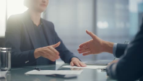 female and male business partners sign successful deal documents and shake hands in meeting room office. corporate ceo and investment manager handshake on a lucrative financial opportunity.