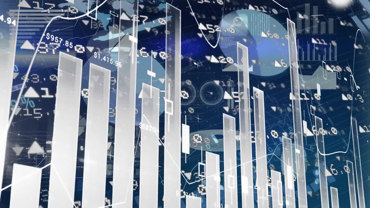 Digital animation of financial and statistical data processing against blue background