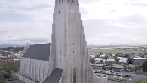 Hallgrimskirkja-church-in-Reykjavik-aerial-rise-up-shot-over-city