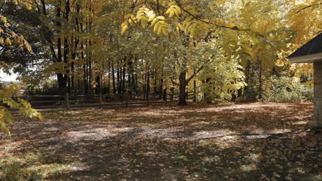 Umzäunter-Bauernhof-In-Der-Herbstsaison-Mit-Sich-Verfärbenden-Baumblättern-In-Gatineau,-Quebec