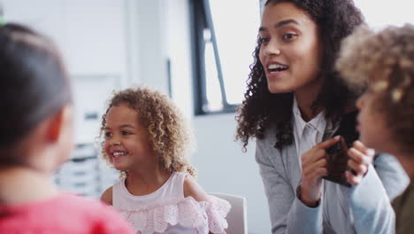 Female-school-teacher-using-tablet-computer-in-class-with-infant-school-children,-over-shoulder-view