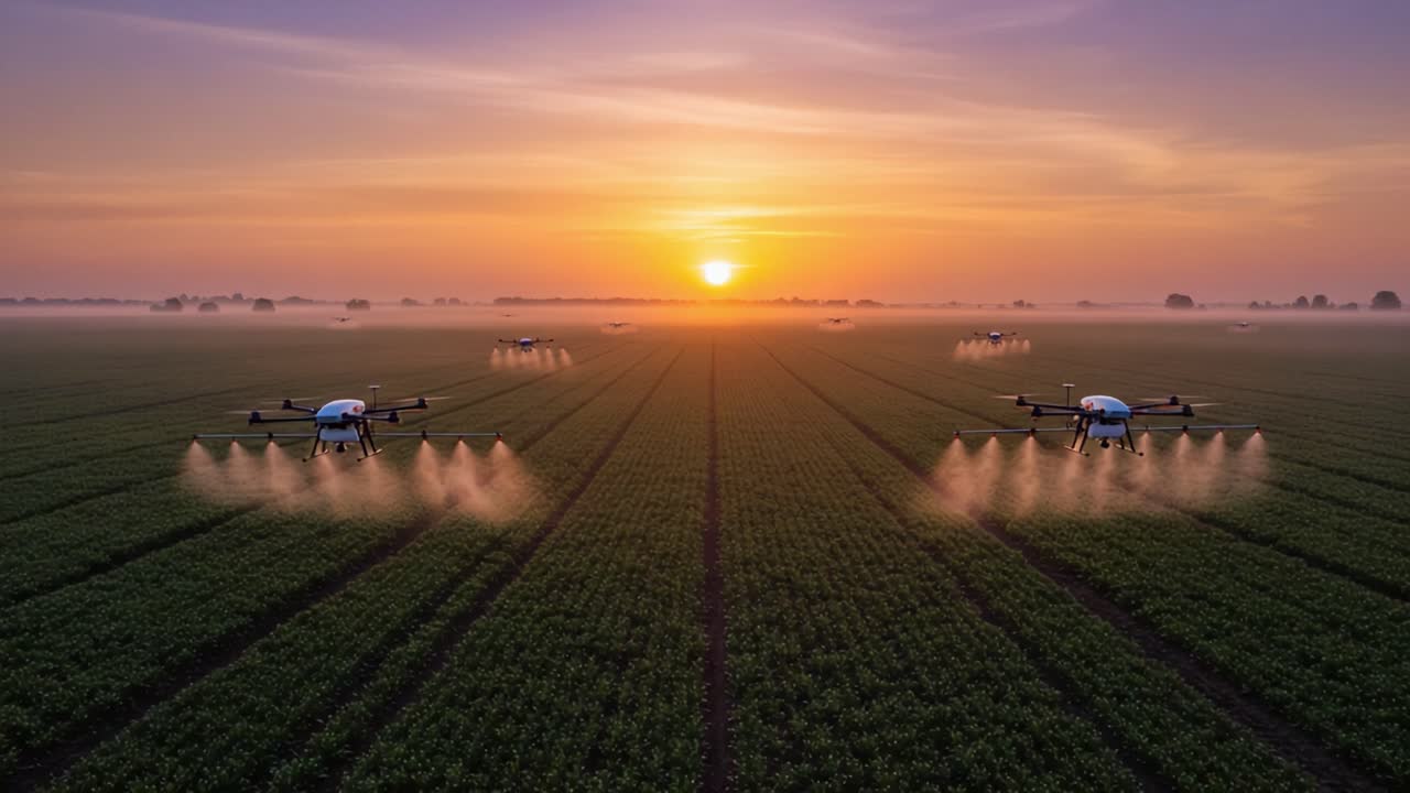 An Aerial Perspective of Advanced Agricultural Drones Spraying Pesticides at Sunrise Over Lush Green Crop Fields in a Serene Rural Landscape