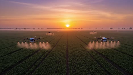 an aerial perspective of advanced agricultural drones spraying pesticides at sunrise over lush green crop fields in a serene rural landscape