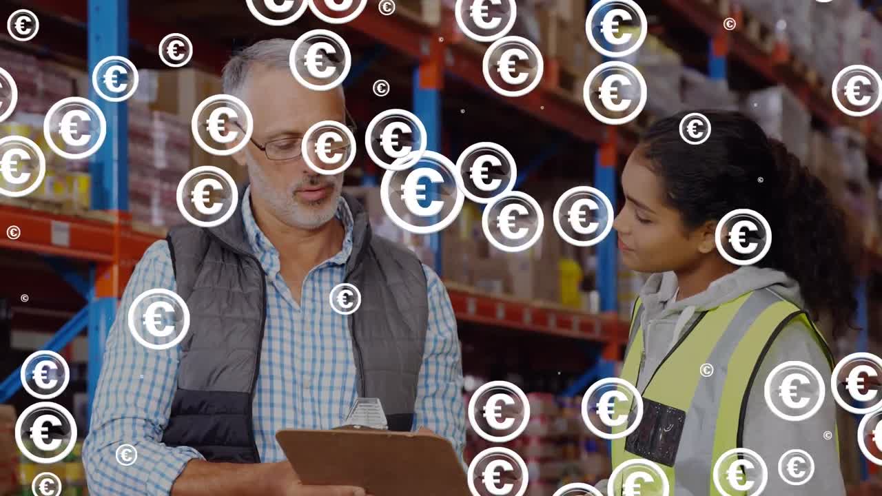 Animation af euro-symboler der flimrer over forskellige arbejdere på lager
