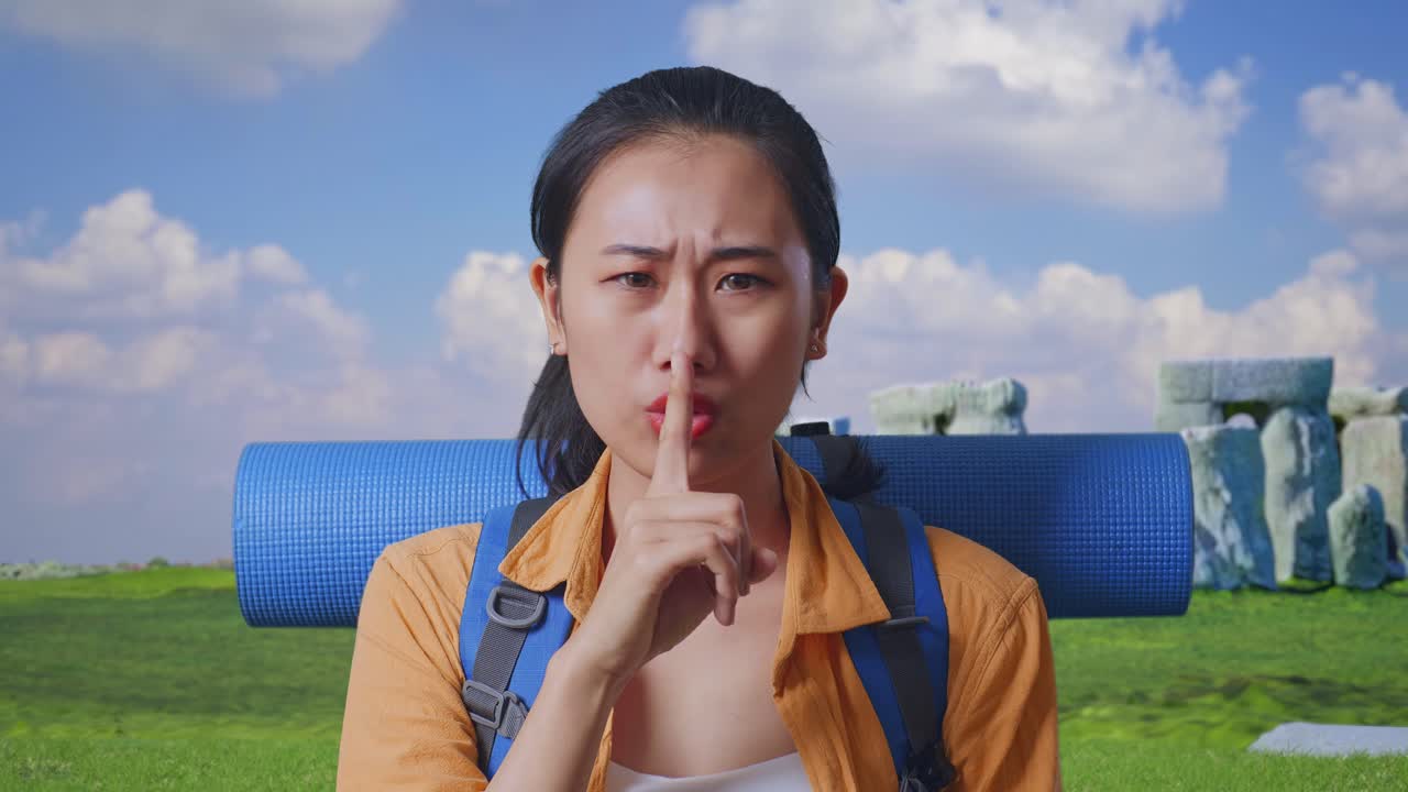 Close Up Of Asian Female Hiker With Mountaineering Backpack Looking At Camera And Making Shh Gesture While Traveling In Stonehenge