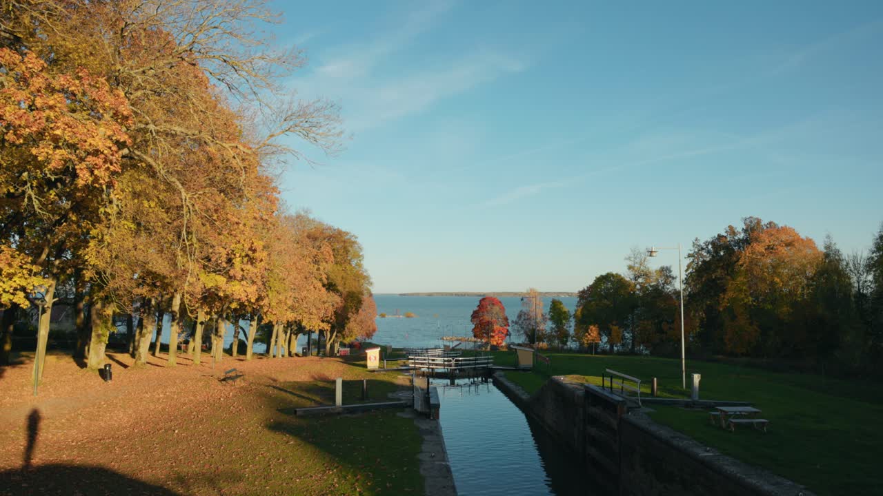 Bergs Lock On The Banks Of Gota Canal On Sunny Day In Autumn. Berg Near Linkoping In Sweden. wide static shot