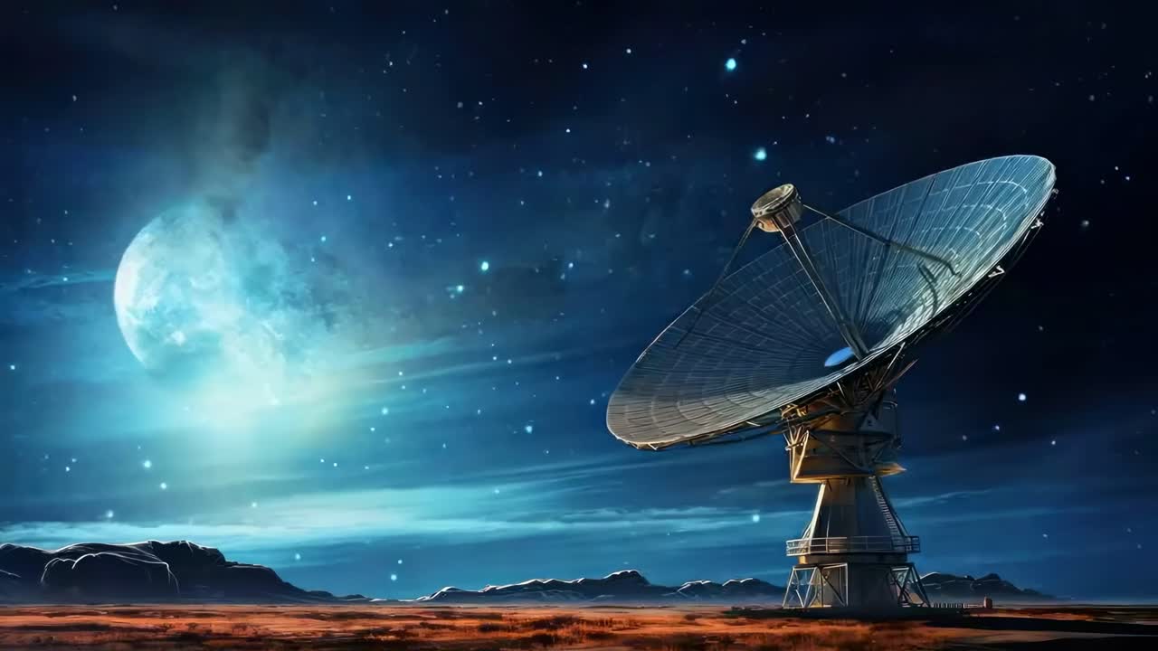 A wide-angle video shot of a large satellite dish under a starry night sky, capturing a sense