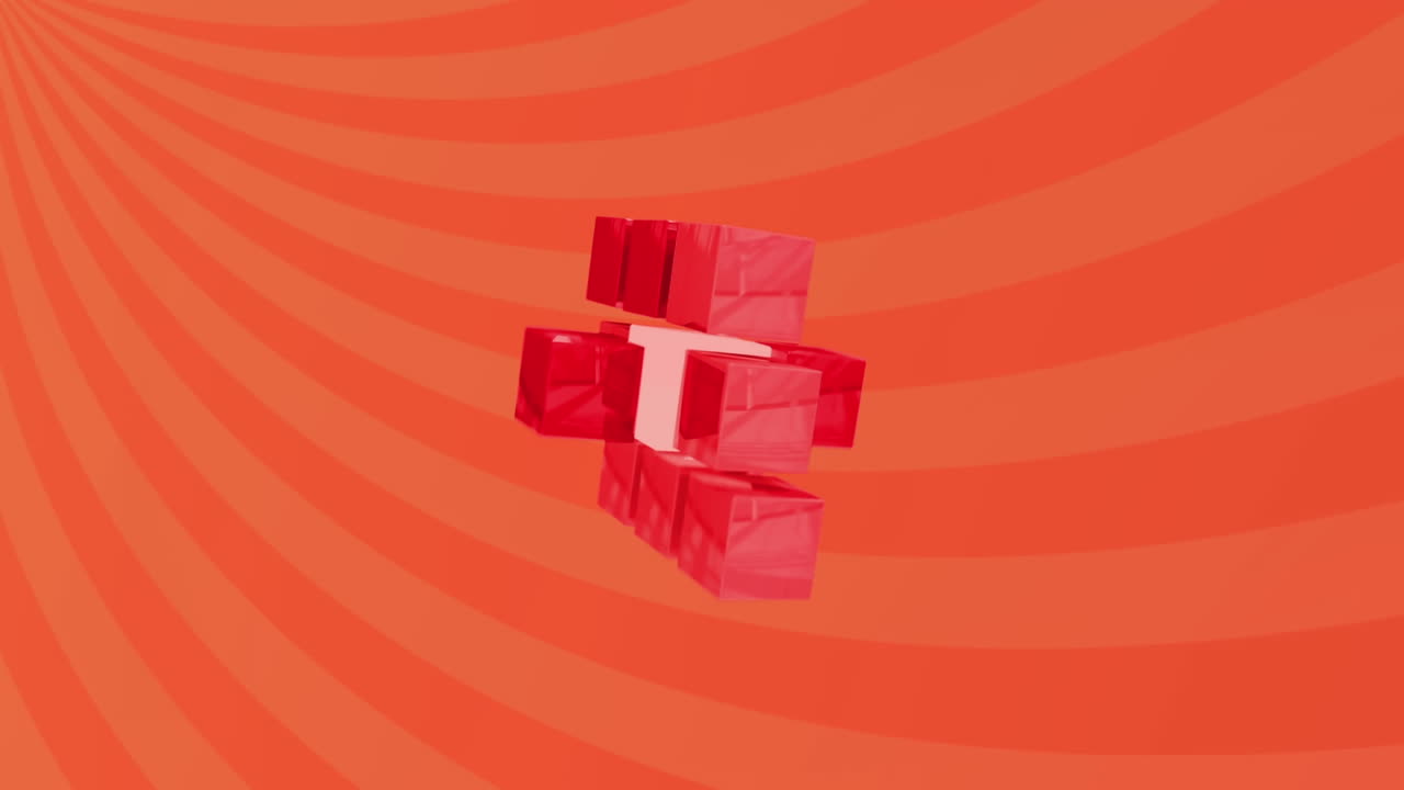 animación de una forma de cubo abstracto en 3d contra rayos radiales en un patrón sin costuras sobre un fondo naranja