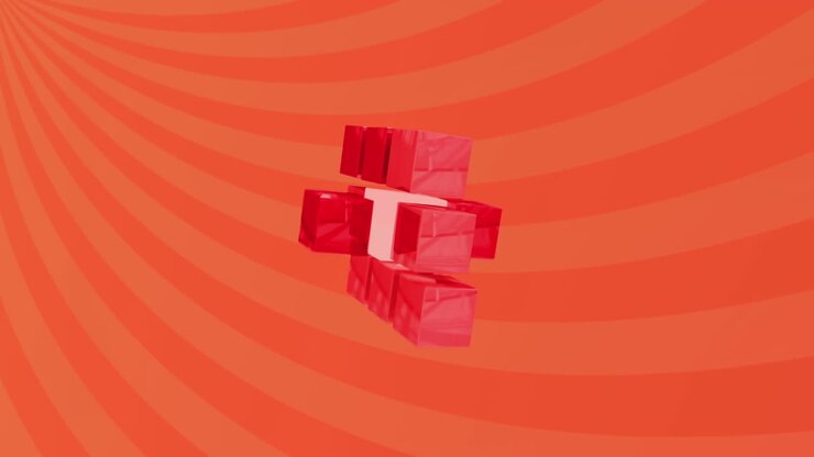 Animation of 3d abstract cube shape against radial rays in seamless pattern on orange background