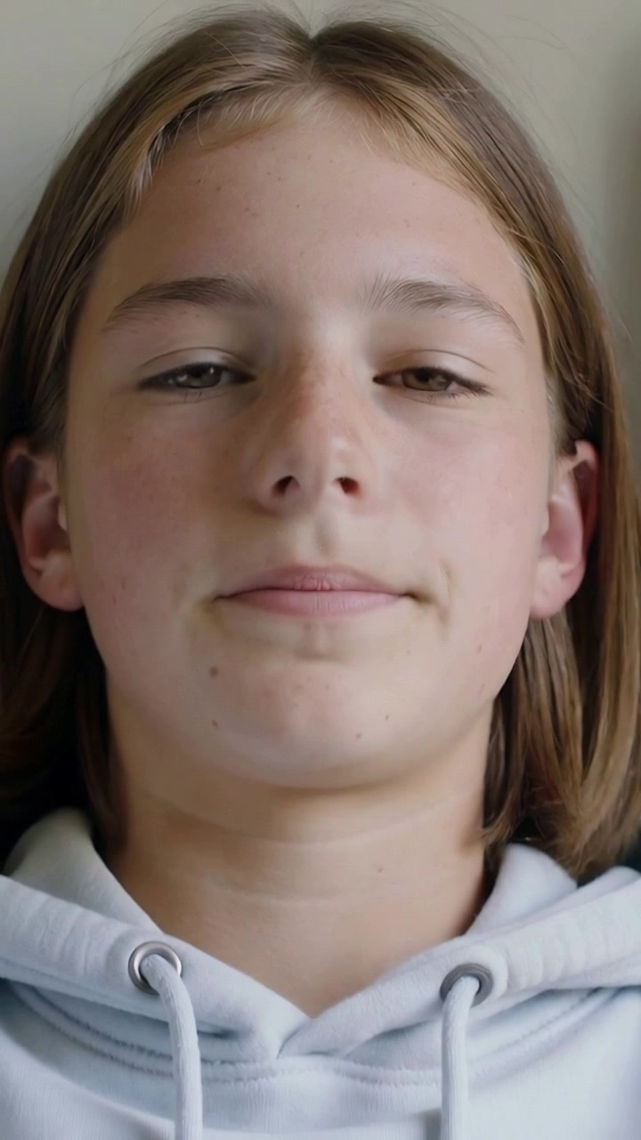 Video verticale: Un adolescente che sbatte le palpebre riposa muovendo bocca e collo mentre la telecamera si allontana dal letto.