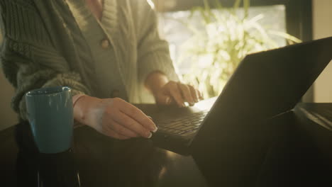 a woman uses a laptop, next to it is a cup of tea. business woman morning