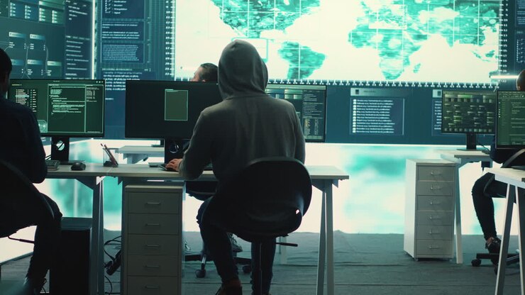 Cyber operations center with governmental hackers working on digital security
