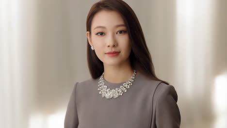 portrait of an elegant woman wearing a diamond necklace and earrings