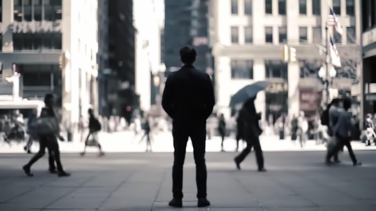 A Solitary Figure Observes the Bustling City Life: A Contrast Between Stillness and Movement in Urban Landscape