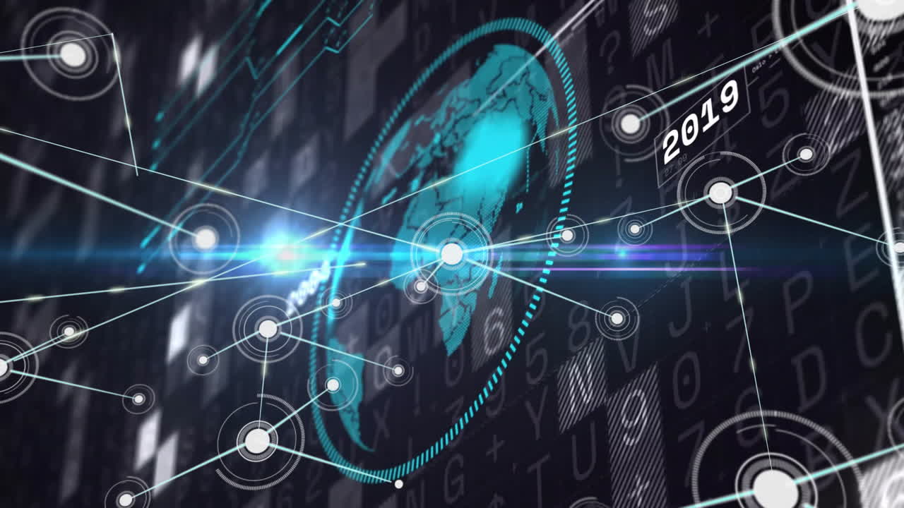 Digital network connections and data processing animation over world map background