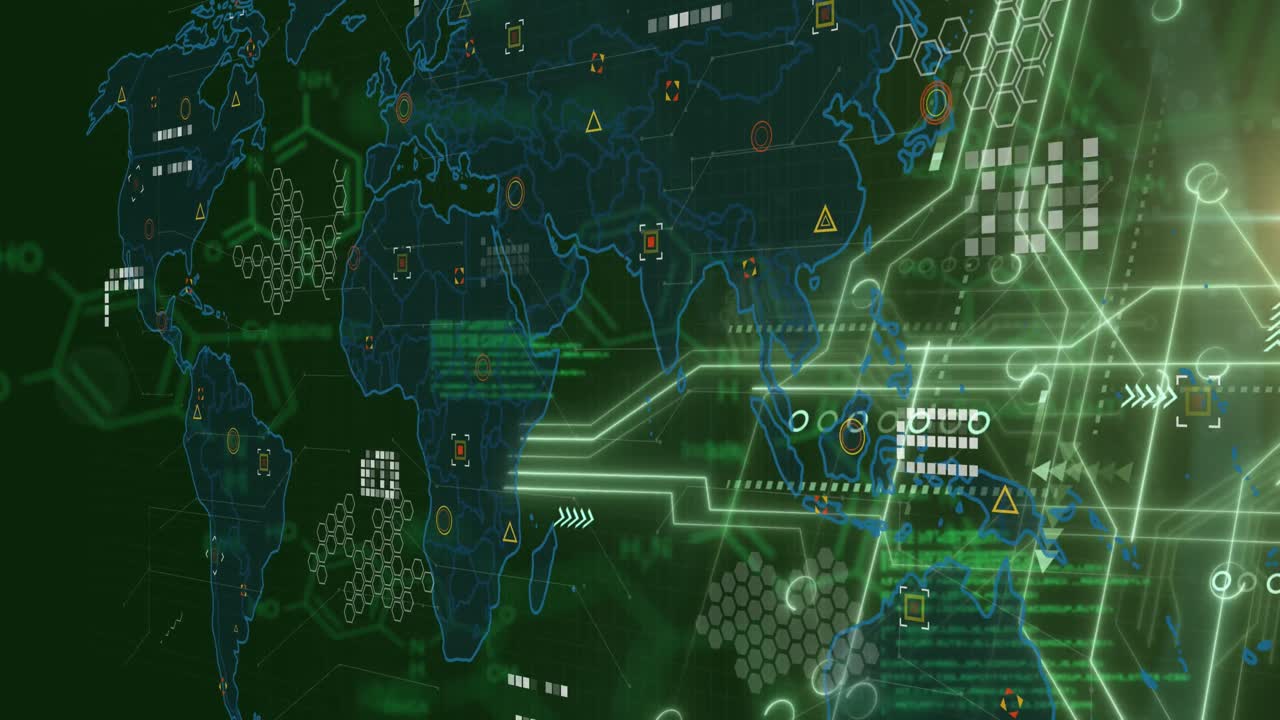 animación del mapa del mundo y procesamiento de datos sobre fondo verde