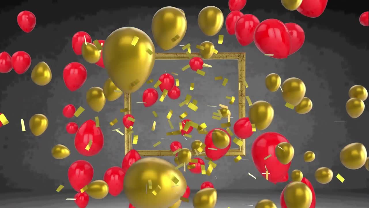animación de globos dorados y rojos que se mueven sobre el marco sobre fondo negro