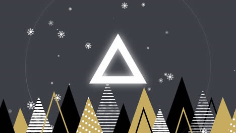 animación de árboles de navidad sobre la nieve que cae con formas que se mueven sobre un fondo verde