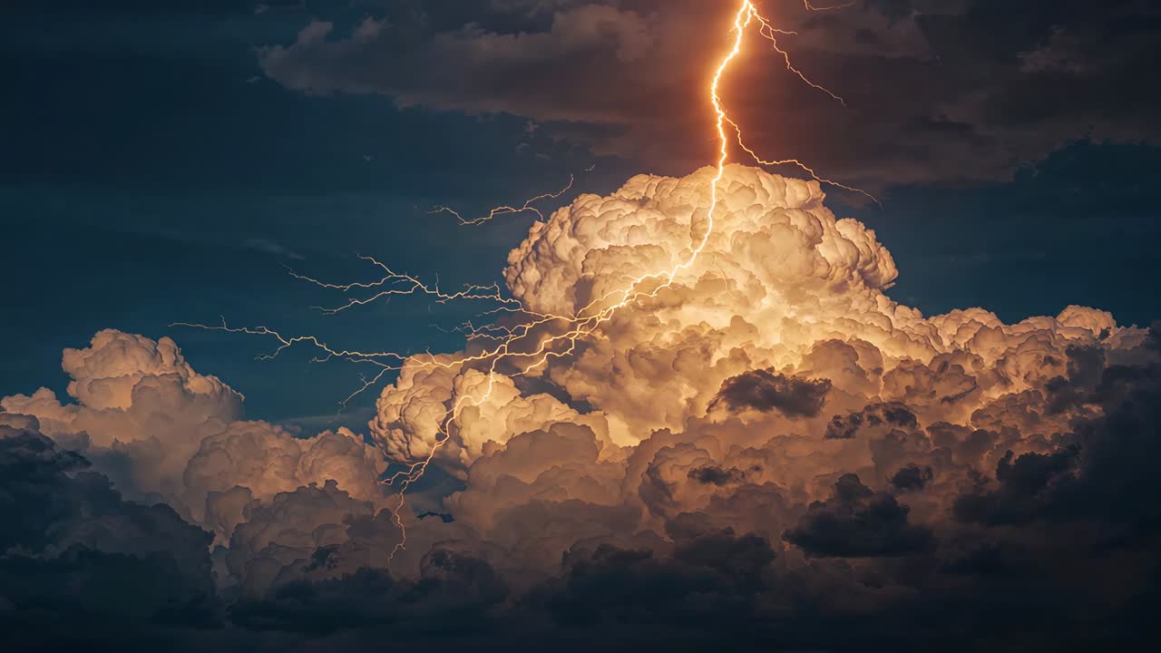 Flashing cumulonimbus cloud reacting to electrical pulses at dusk, revealing turrets and anvil