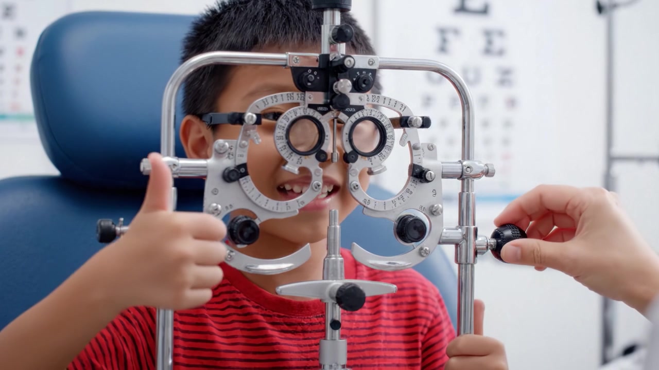 Young Child Undergoing an Eye Examination with Optical Equipment for Vision Testing in a Clinical Setting for Accurate Eye Health Assessment