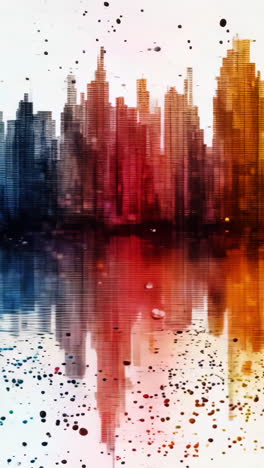 a colorful city skyline with a rainbow reflecting in the water. concept of vibrancy and energy, as the colors of the cityscape and the rainbow blend together in a harmonious and dynamic composition