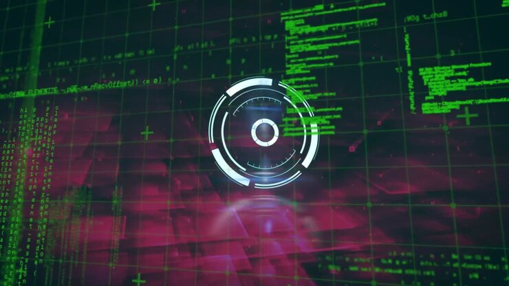 Digital animation of neon round scanner against data processing on pink background