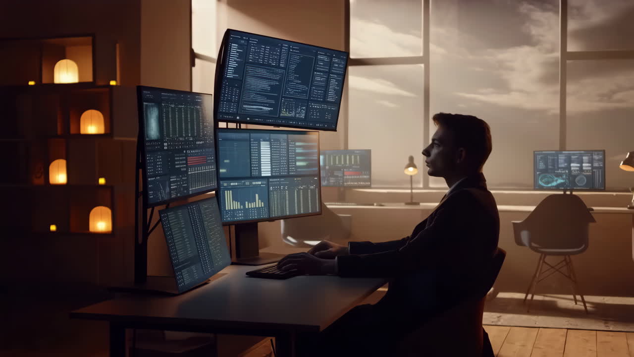 Man working on multiple computer screens with data and code