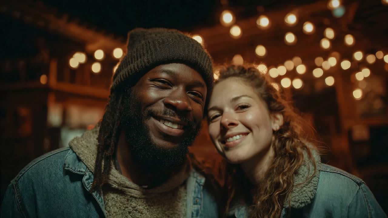 A Joyful Evening Amidst String Lights: A Happy Couple Smiling Together in a Warm, Festive Atmosphere Captured in Two Frames from a Cherished Video Memory