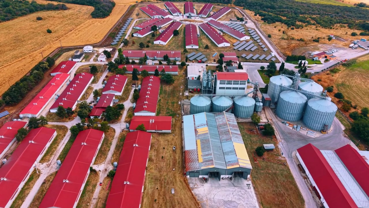 Vista aerea di una grande struttura agricola con silos per il grano. Edifici rossi disposti in un motivo geometrico si trovano accanto a serbatoi di stoccaggio argentati sotto un cielo sereno.