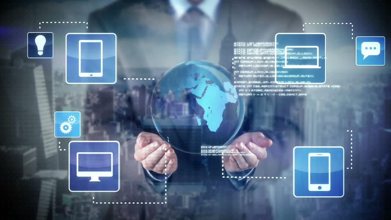 animación de empresarios caucásicos en todo el mundo y procesamiento de datos.