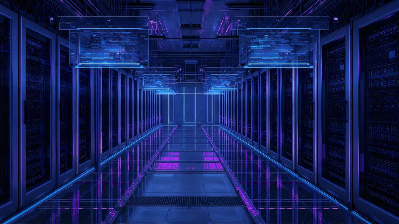Showing central corridor holding still in futuristic data center, with pulsing server rack LEDs