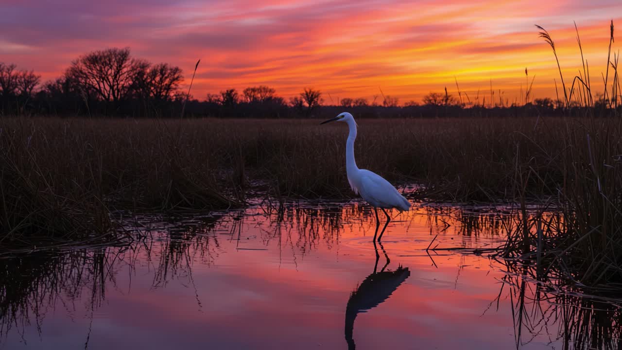 A Serene Moment: A Graceful Egret Stands Thoughtfully in a Tranquil Marsh at Sunset, Mirroring the Vibrant Colors of the Sky on the Water's Surface