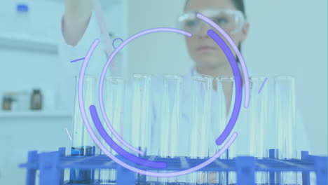 Animation of purple shapes over caucasian female scientist