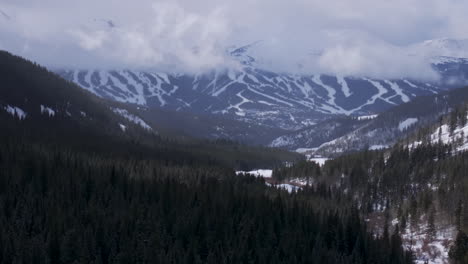 ten mile breck peaks breckenridge ski resort town vail epic ikon pass aerial drone landscape cloudy fog sunny winter morning ski trail runs summit county tiger fork road rocky mountains pan up forward