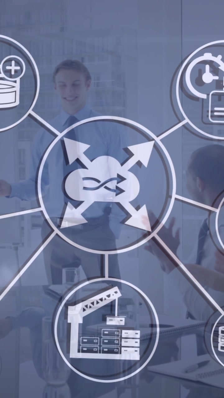 Animation of network of connections with business icons over diverse business people