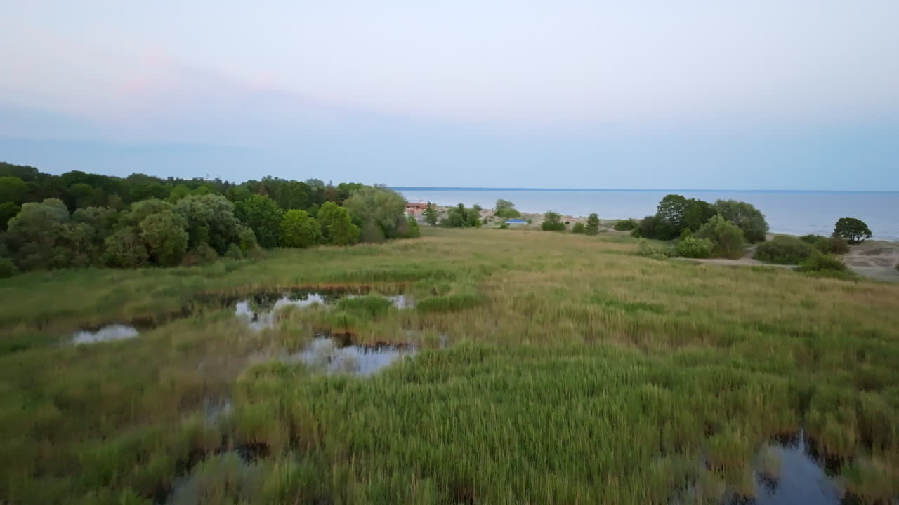Aerial view flying over marshlands with a beach in the background, summer sunset