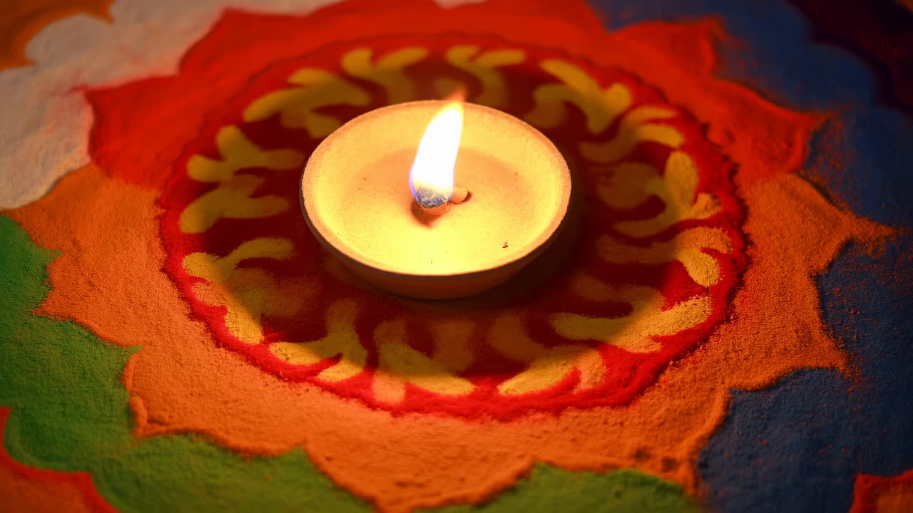 Lampada a olio Diya tremolante su un colorato design tradizionale Rangoli
