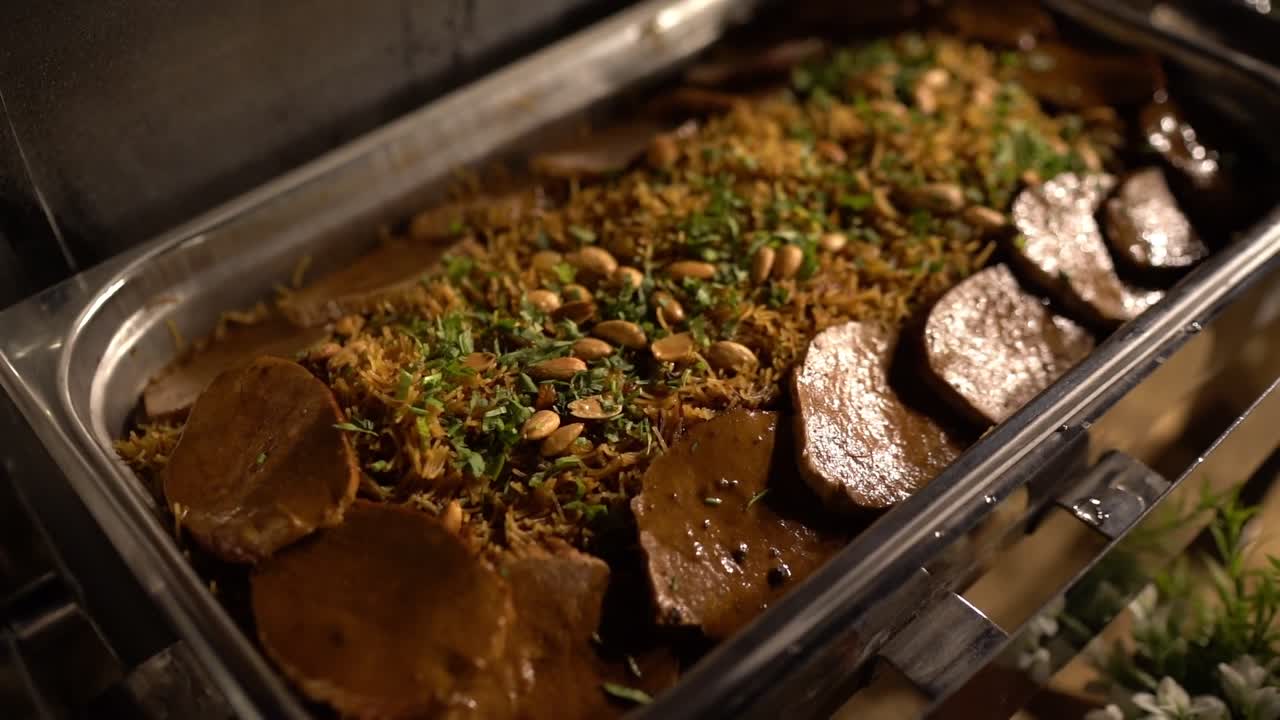 View of food in open buffet, close up shot, high angle shot