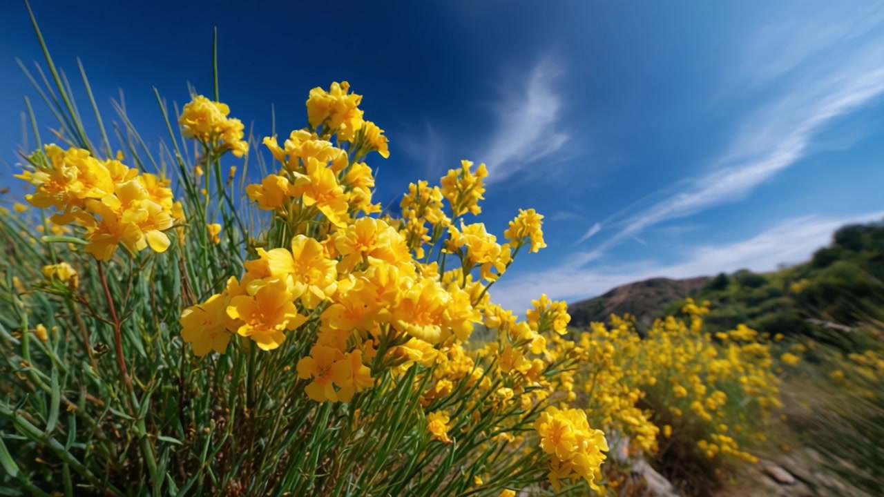 Vivaci fiori selvatici gialli che fioriscono sotto un cielo azzurro limpido, circondati da una vegetazione lussureggiante in un paesaggio naturale, catturati con dettagli mozzafiato