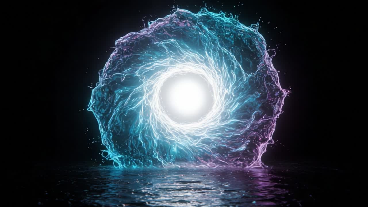 A Mesmerizing Display of Light and Water Dynamics: An Ethereal Portal Surrounded by Flowing Water and Electric Sparks Against a Dark Backdrop