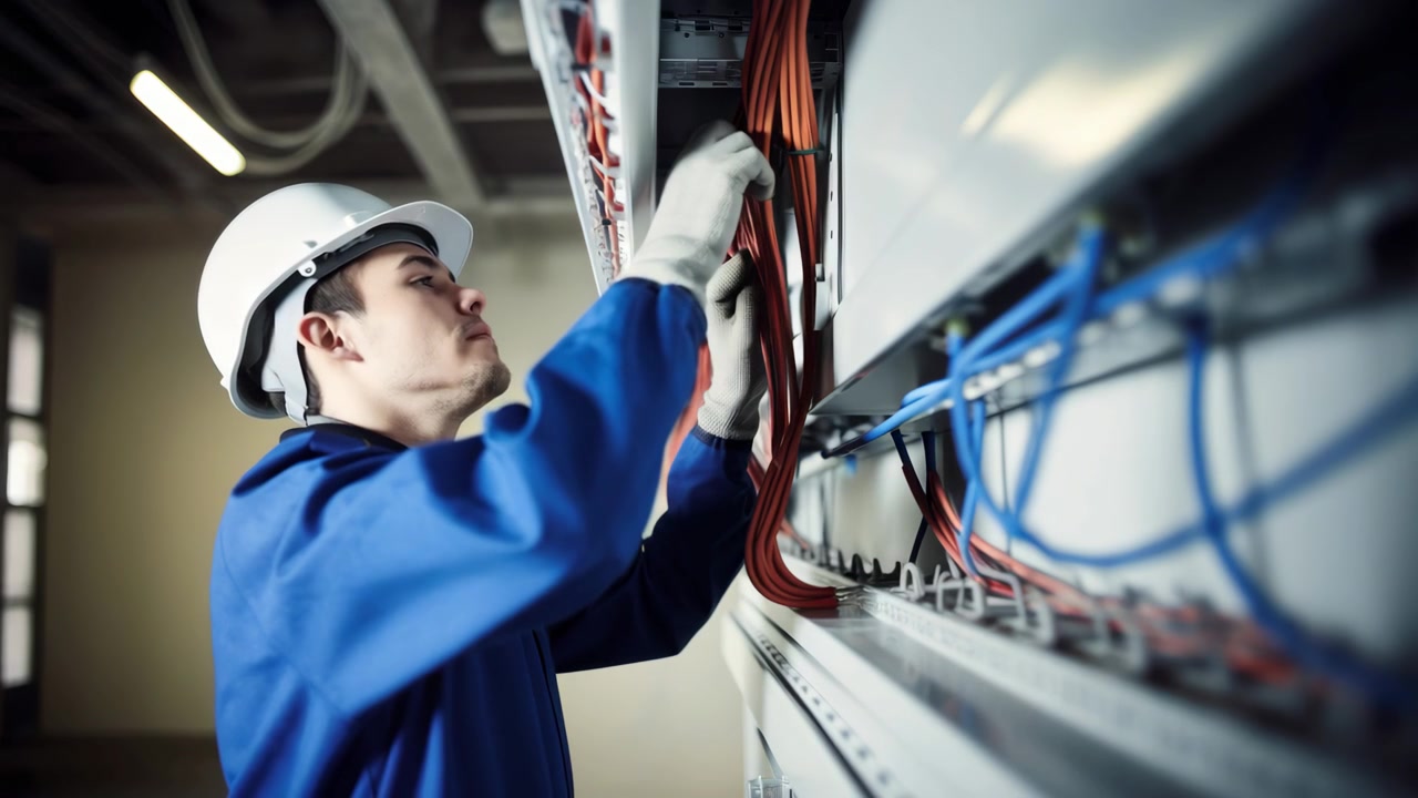 Electrician Working on Electrical Panel in Industrial Facility