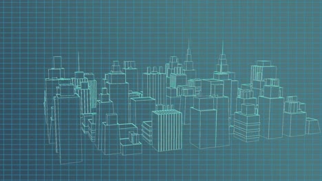 animation of 3d architecture city drawing spinning over grid